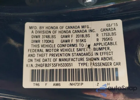 2015 Honda Civic Lx from USA, damaged, VIN 2HGFB2F55FH533051